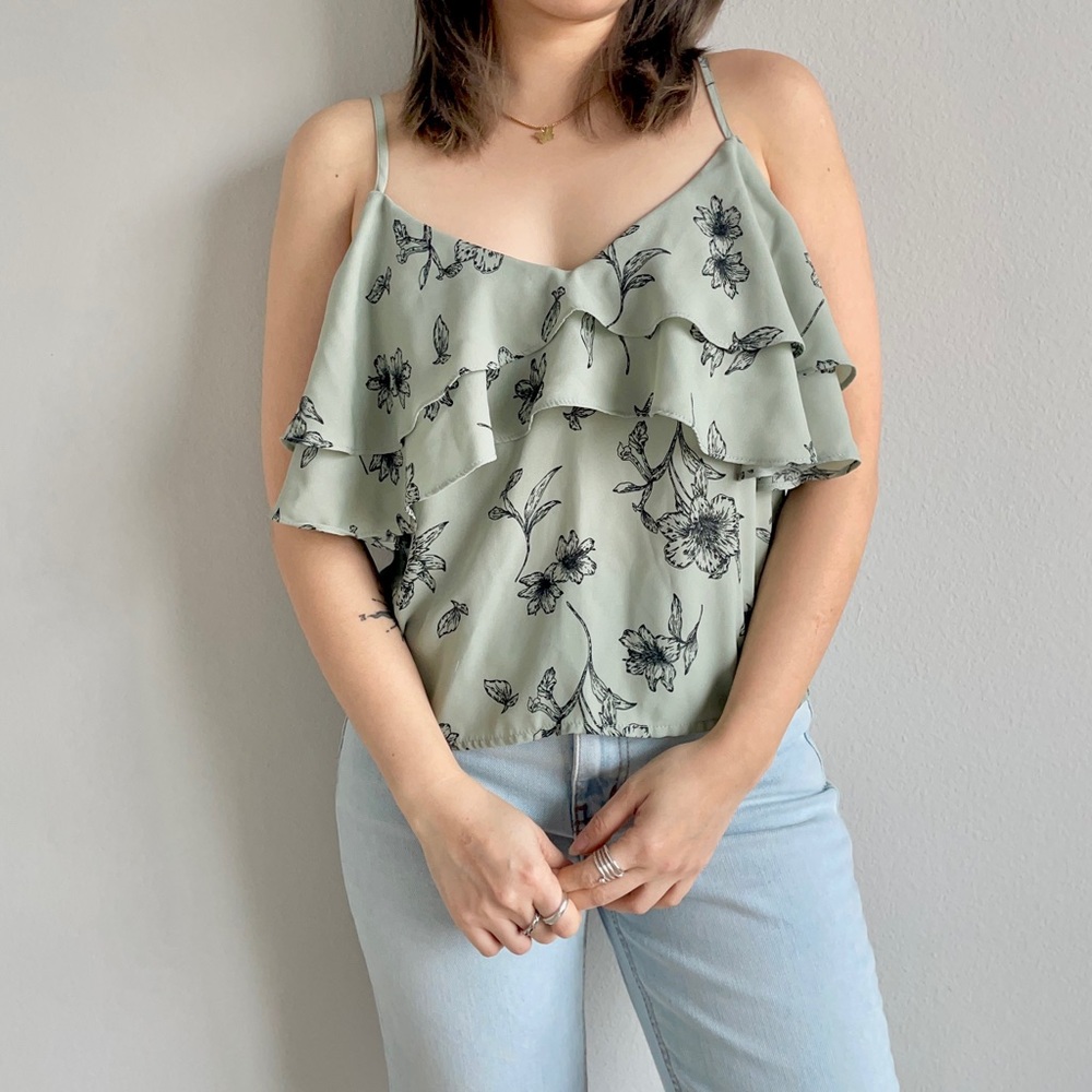 Summer Green Ruffle Top, Floral Top, Ruffle Camisole, Green Cami